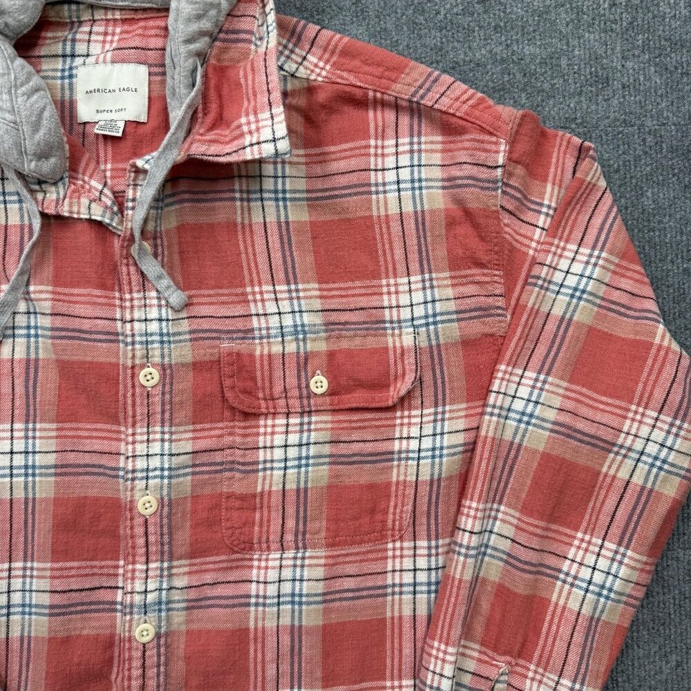 American Eagle Mens L Plaid Flannel Shirt Shacket Removeable Hood Cabincore Red - Picture 4 of 13